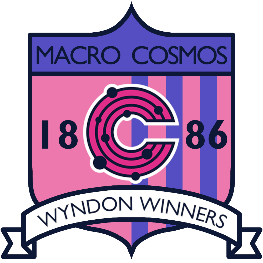a logo for an imaginary sports team named the Macro Cosmos Wyndon Winners. the logo depicts a football-club style logo with a pointed shield with a pink field and blue horizontal stripes on one half. along the top of the shield is written 'Macro Cosmos', and in the center of the shield is the year 1886 and the Macros Cosmos logo, a magenta C with blue stripes with circles mimicking planets in orbit. a white banner unfurls beneath the shield with the name 'Wyndon Winners' written on it in a simple style.